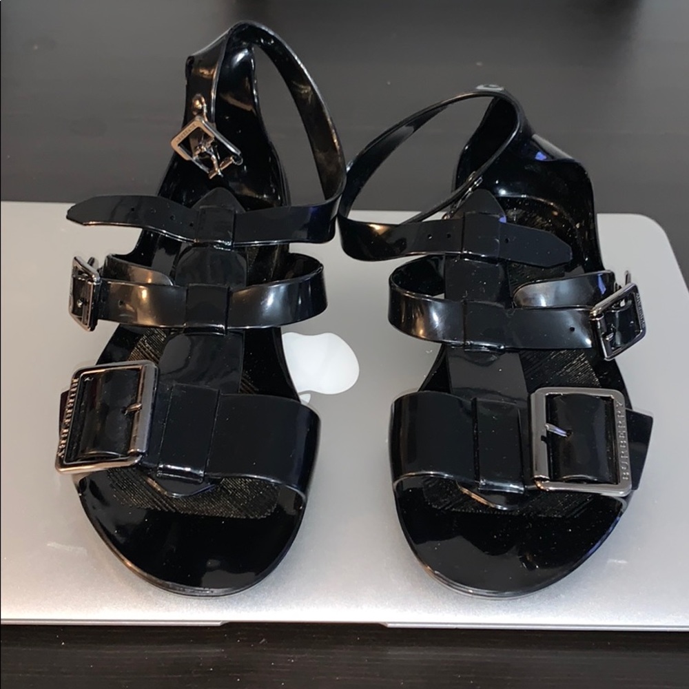 Burberry Black Patent Strappy Buckle Sandals